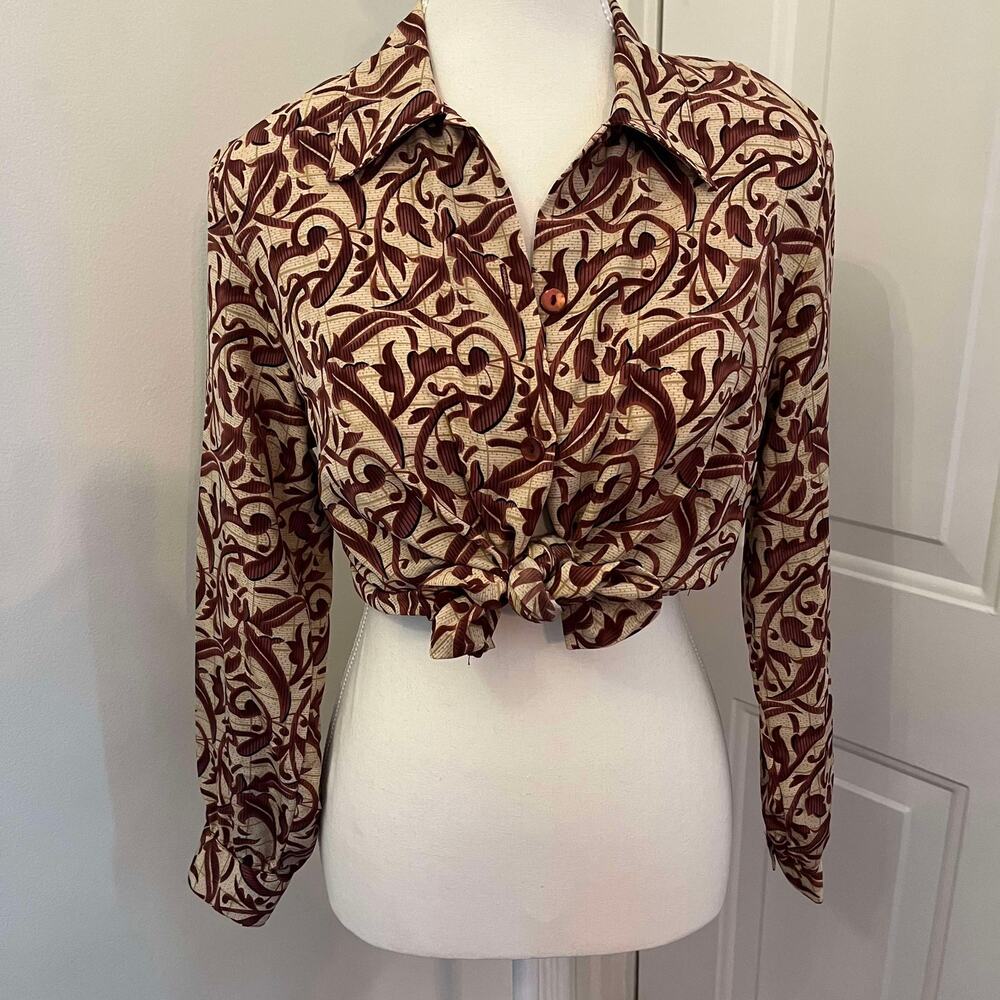Vintage 80's Maroon and Beige Printed Button Down Blouse Erena Size 6 Medium